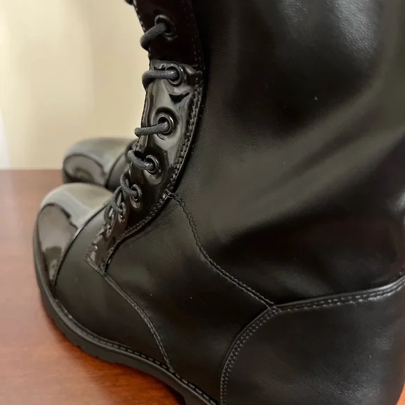 Azalea Wang thigh high Black stretch Faux Patent Lace Up Over Knee combat Boots - Picture 9 of 14